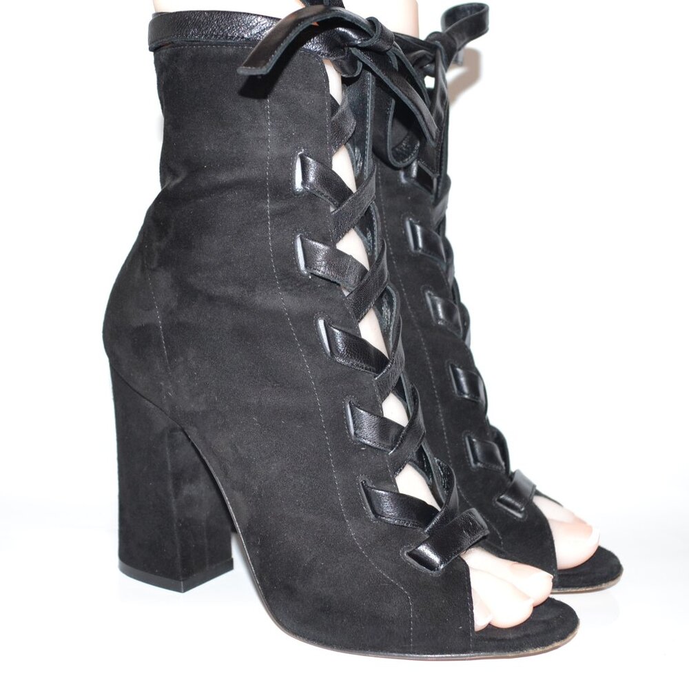 Gianvito Rossi Black Suede Brooklyn 100 Lace-Up Block Heel Booties SIZE 7 EU 37